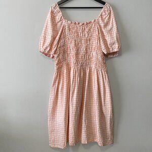 Handmade Plus Size 100% Linen Peach White Gingham Inseam Pockets Dress